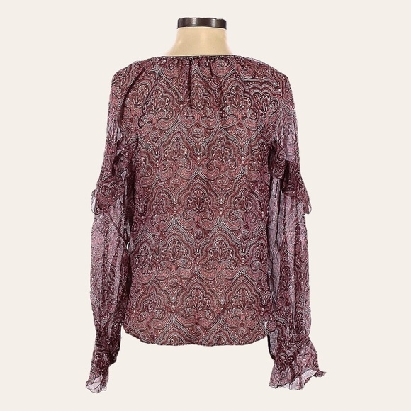 Joie Agneta Silk Blouse XS Burgundy Paisley Boho Sheer Ruffle Sleeve Peasant Top - Picture 2 of 7
